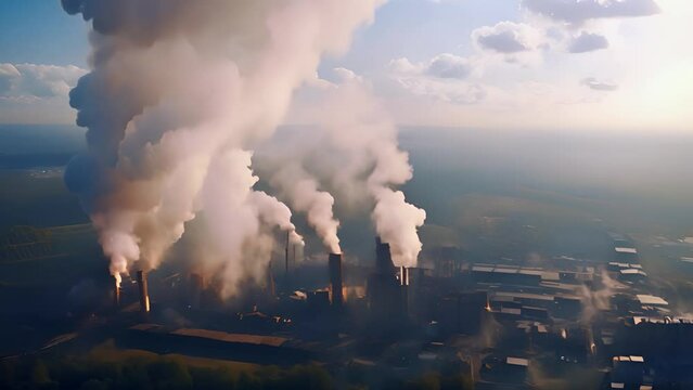 AI-generated video. Concept of air pollution and global warming. Large industrial factories that are emitting toxic fumes, dust and pollution.