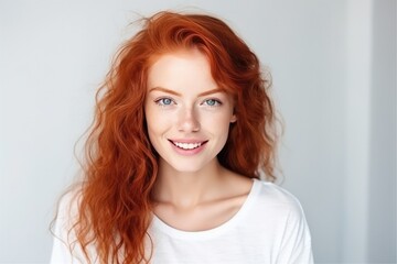 Fototapeta premium Cheerful Redhead With Contagious Zest For Life On The Background Of White Wall