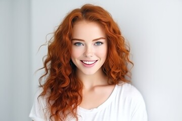Fototapeta premium Cheerful Redhead With Contagious Zest For Life On The Background Of White Wall