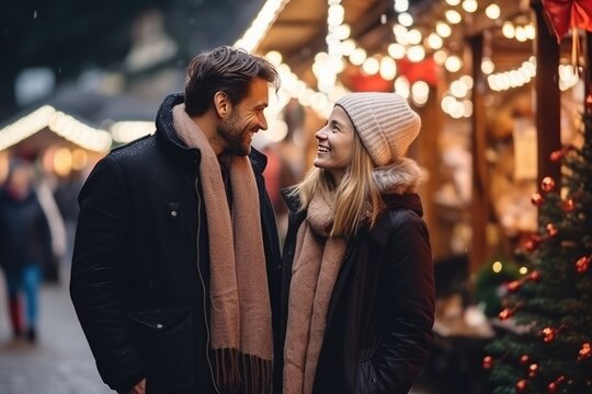 Couple Walks Near Stalls, Enjoying Christmas Market Highquality Photo