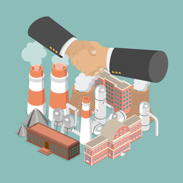 3D Isometric Flat Vector Illustration of Business Deal Hand Shake, Merger and Acquisition