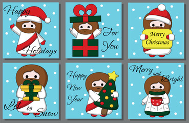 Set Christmas greeting postcard with cute God Jesus Christ