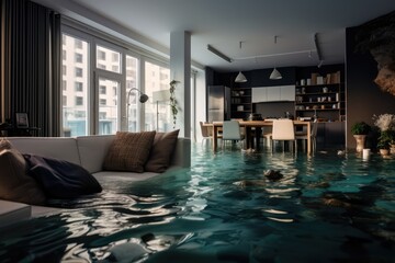Flooded Apartment With Water Vivid Representation. Сoncept Urban Decay, Abandoned Structures,...