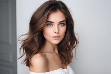 Naklejka premium Gorgeous Slender Brunette With An Appealing And Elegant Demeanor On The Background Of White Wall