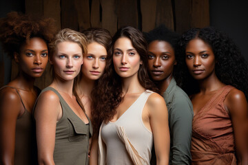 Group portrait of six diverse women in neutral tones looking at camera