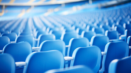 Portrait of empty seats in the tribune. Blue seats of tribune on sport stadium. Chairs for audience, fans, supporter. Generative AI