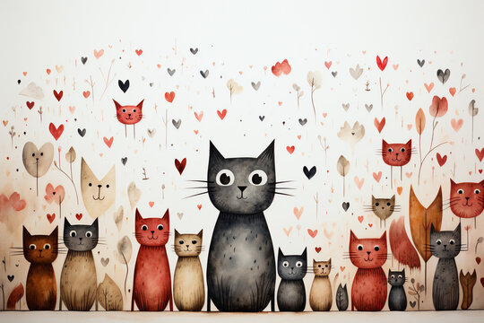 Black cat amidst many illustrated cats with floating hearts