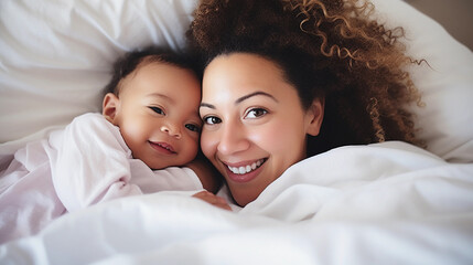 Close up portrait of Beautiful young african mother holding healthy newborn baby in bed, mother's love