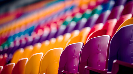 Fototapeta premium Portrait of empty seats in the tribune. Colorful seats of tribune on sport stadium. Chairs for audience, fans, supporter. Generative AI