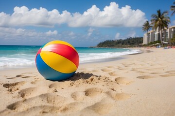 Fototapeta na wymiar Beach Ball on a Sandy Beach with the Ocean in the Background