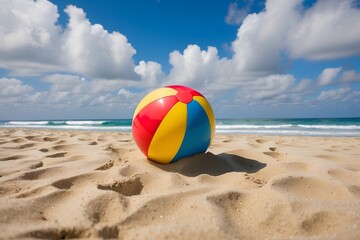 Beach Ball on a Sandy Beach with the Ocean in the Background
