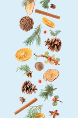 Christmas tree branches, pine cone dried oranges and apples, cinnamon, levitating on a blue...