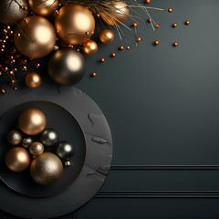 Dark Christmas and New Year background with elements for decor and decoration of the room, New Year tree in black and gold colors: screensaver, postcard, congratulation, winter December holiday