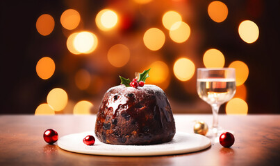 Fototapeta na wymiar Traditional Christmas pudding with festive holly decoration on top
