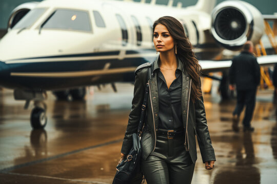 Rich business woman getting out of a private plane, rainy weather on the runway, idea of success and financial well-being