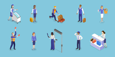 Fototapeta na wymiar 3D Isometric Flat Vector Set of Airport Staff, Group of Airline Employees