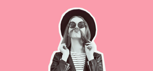 Fashionable portrait of funny young woman showing mustache her hair blowing lips sending air kiss...