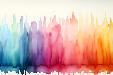 Abstract watercolor skyline in rainbow hues on white background