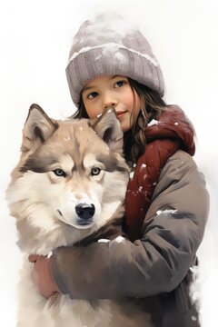 winter scene with a little girl warmly embracing a husky dog
