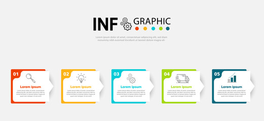 Business infographic design template with 5 process steps options. For work and website design - obrazy, fototapety, plakaty