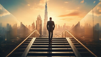  Ambitious businessman climbing the stairs to success, Ambitious businessman climbing the stairs to success. concept of career path success, future planning and business competitions. - obrazy, fototapety, plakaty