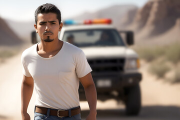 Undocumented Realities: latino man in the desert with border patrol police in the background