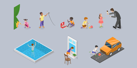 3D Isometric Flat Vector Set of Kids In Danger Situations, Children Safety
