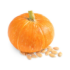 Single ripe whole orange pumpkin vegetable with unshelled dried seeds or pepita isolated on white background used as ingredient in traditional culinary and also as decoration element for holidays