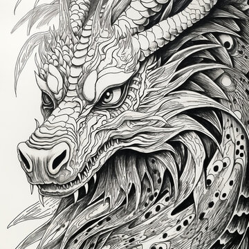 head of a dragon black whait illustration