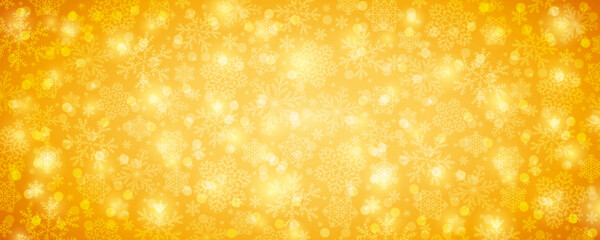 Golden Christmas banner with snowflakes and bokeh. Merry Christmas and Happy New Year greeting banner. Horizontal new year background, headers, posters, cards, website. Vector illustration