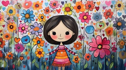 Whimsical Cartoon Girl Surrounded by Vibrant Flowers