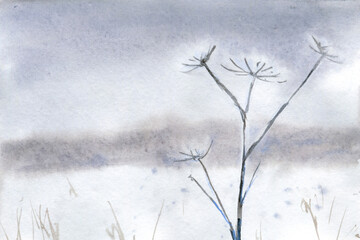 Hand Drawn Watercolor Winter Snow Monochrome Landscape
