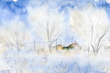 Hand Drawn Watercolor Winter Village Snow Landscape