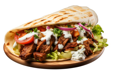 gyros fast food in flatbread, lettuce, tomatoes, onions, rolled isolated on transparent background,...
