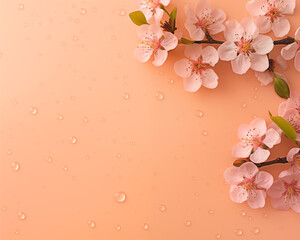 Banner angle frame border with white sakura flowers and water drops on peach background, spring card design template. Woman day and Valentine design. Copy space, flat lay style, aerial view