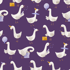 Seamless pattern with geese. Geese celebrate holidays with gifts, balloons and garlands. Crackers and confetti. Cute children's birthday design. Square seamless background