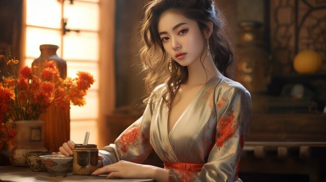 asian hot slender woman in vintage oriental, in the style of romantic charm, light amber, lifelike renderings, he jiaying, uhd image, tabletop photography, cottagecore