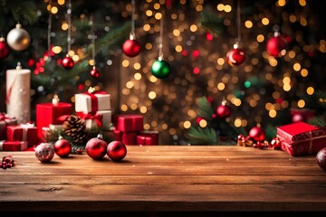 Fototapeta na wymiar Empty wooden table with christmas theme in background 