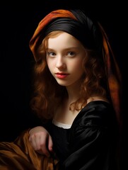 beautiful young girl in the style of Rembrandt , black background,