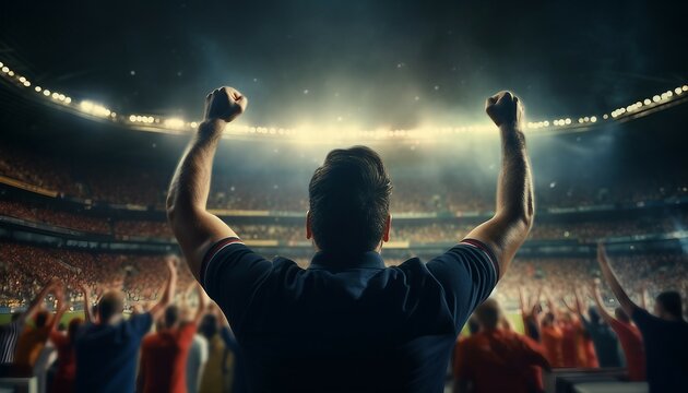 Football, soccer fan support their team and celebrate goal, Rear view of a football fan celebrating a goal at a soccer stadium