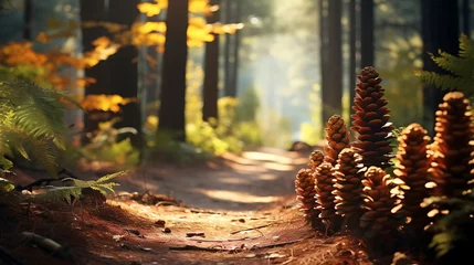 Gordijnen Enchanting soft focus of a forest trail in autumn, pinecones scattered, sunlight © MuhammadInaam