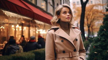 Fototapeta premium Create a timeless and sophisticated wool trench coat in a classic camel color, ideal for a winter stroll.