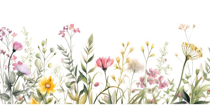 watercolour different flower and grass. spring flowers and grass. Wild field herbs flowers © Kgfxd