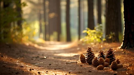 Foto op Canvas Enchanting soft focus of a forest trail in autumn, pinecones scattered, sunlight © MuhammadInaam