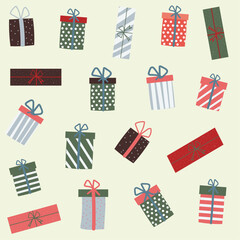 Pattern, christmas gifts background to print out. Pastel colors.