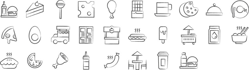 Bakery and fast food hand drawn icons set, including icons such as Burger, Cake, Candy, Cheese, Chicken, and more. pencil sketch vector icon collection