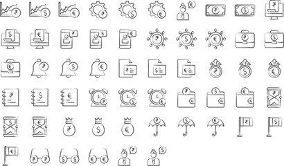 Banking and savings hand drawn icons set, including icons such as Banking,  savings, Financial, rupee, dollar, and more. pencil sketch vector icon collection