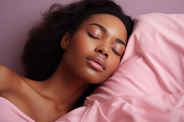 Beautiful young woman sleeping in soft pink bed