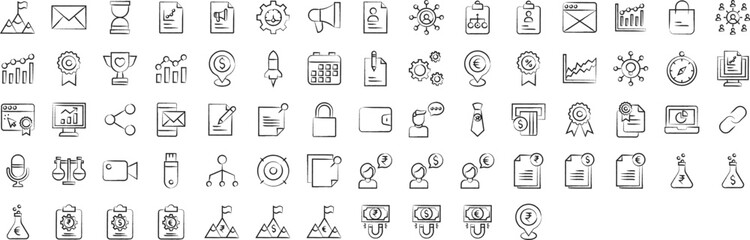 Investor and finance hand drawn icons set, including icons such as Trophy, time, document, business, flag, and more. pencil sketch vector icon collection