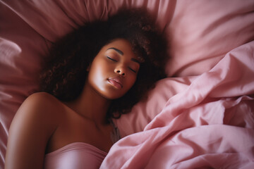 Portrait of young beautiful african american girl sleeping single in comfortable bed. Rest And Relax Concept. Wellbeing - obrazy, fototapety, plakaty